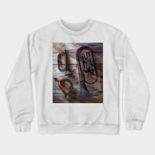 Three Old Horns On Wooden Wall Crewneck Sweatshirt